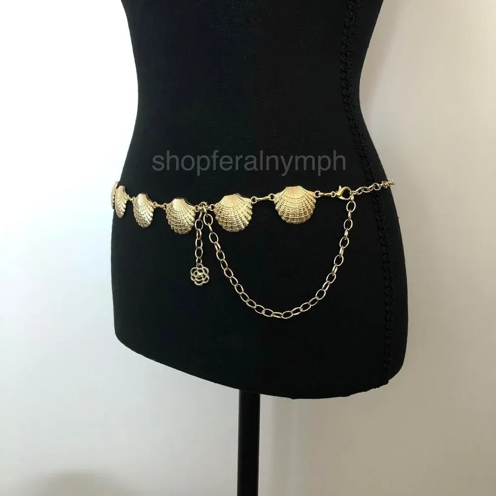 Vintage Y2K Mermaidcore Gold Seashell Chain Belt, Fits 23.5–43 Inches, X7GA1148